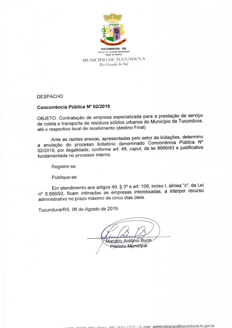 AVISO DE ANULAÇÃO - CONCORRÊNCIA Nº 02/2019